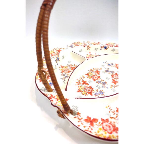 Antique Hand Painted Decorative Divided Plate Rattan Handle Made Japan Floral - Picture 6 of 10